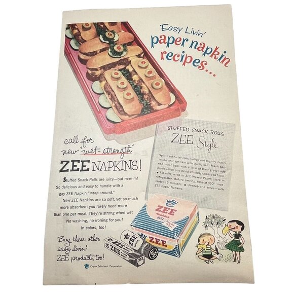 Zee Napkins Vintage Print Ad 1950s Crown Zellerbach Stuffed Snack Rolls Recipe - Picture 7 of 7